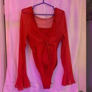 (3/$30) NWOT SHEIN Swim Curve Plus Red Women's Ruffle Swimsuit And Kimono 2pc